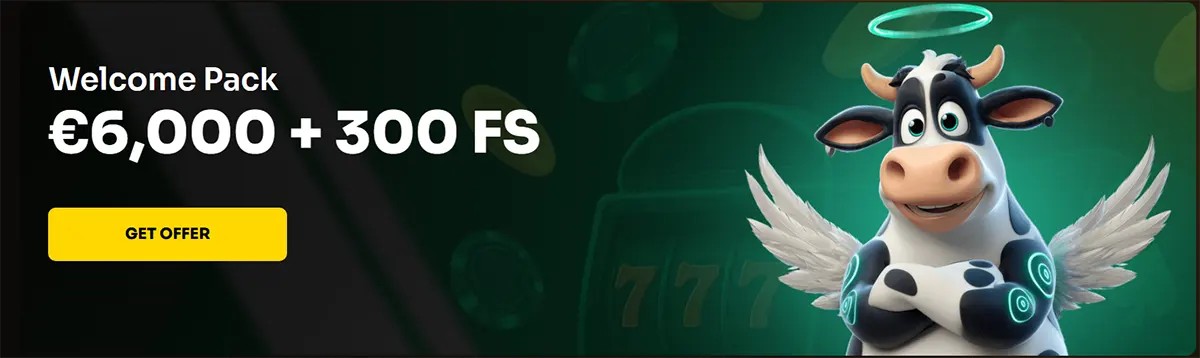 Casino welcome pack banner with €6,000 bonus and 300 free spins