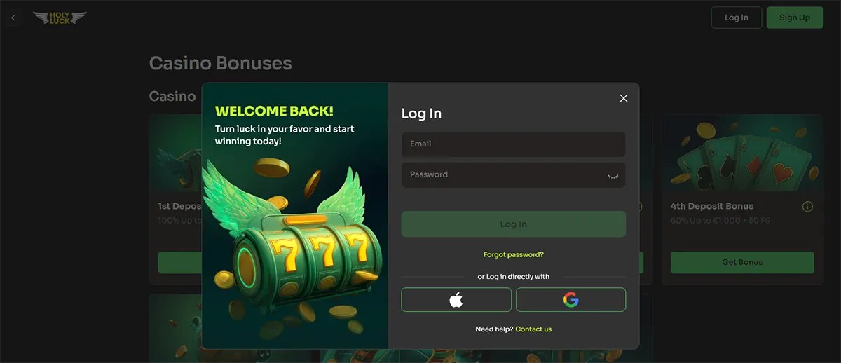 Casino login popup with slot machine welcome back graphic